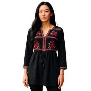 Beach Lunch Lounge Embroidered Tassel Bell Sleeve Baby Doll Tunic Boho Retro S/P